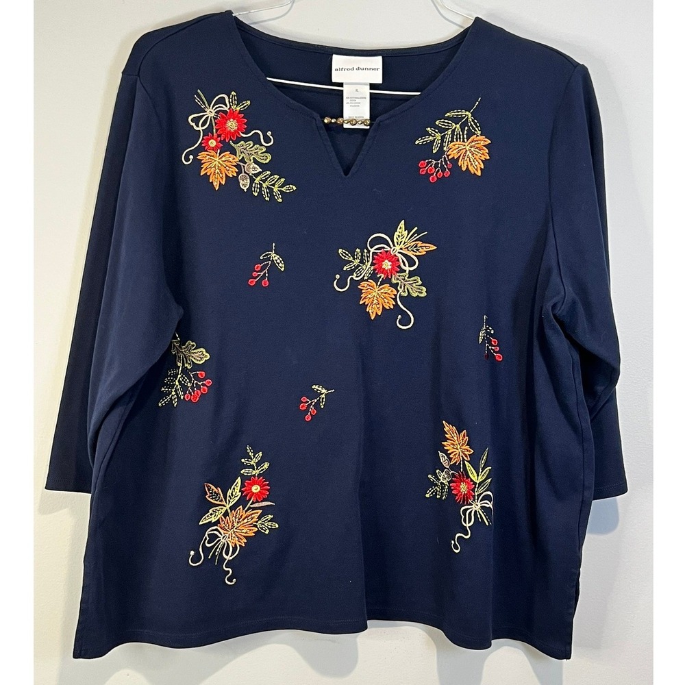 Alfred Dunner Classics XL‎ Embroidered Falling Leaves Beaded Split Neck Top